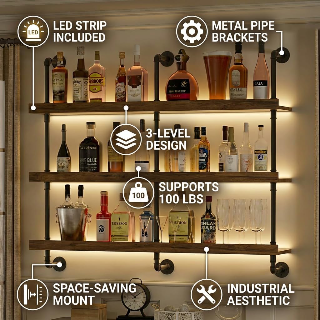 رف نبيذ معلق على الحائط مع إضا - مراجعة Home Bar Stand وسعره
